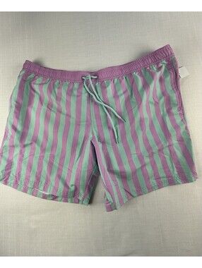 Mad Engine Mens Swim Trunks XXL Purple Mint Stripe Mesh Lined NWT Beach Shorts